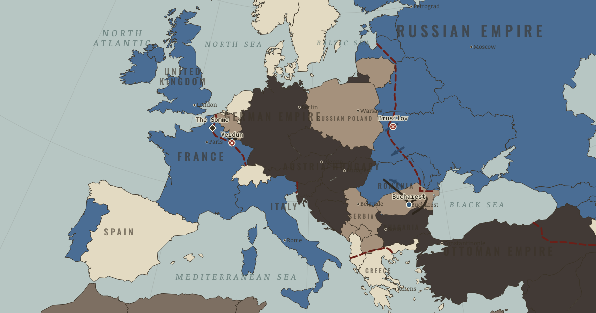 Map of Verdun, the Somme and Brusilov (Nov 1916): Verdun, The Somme, 1 July, The Brusilov Offensive, The fall of Bucharest