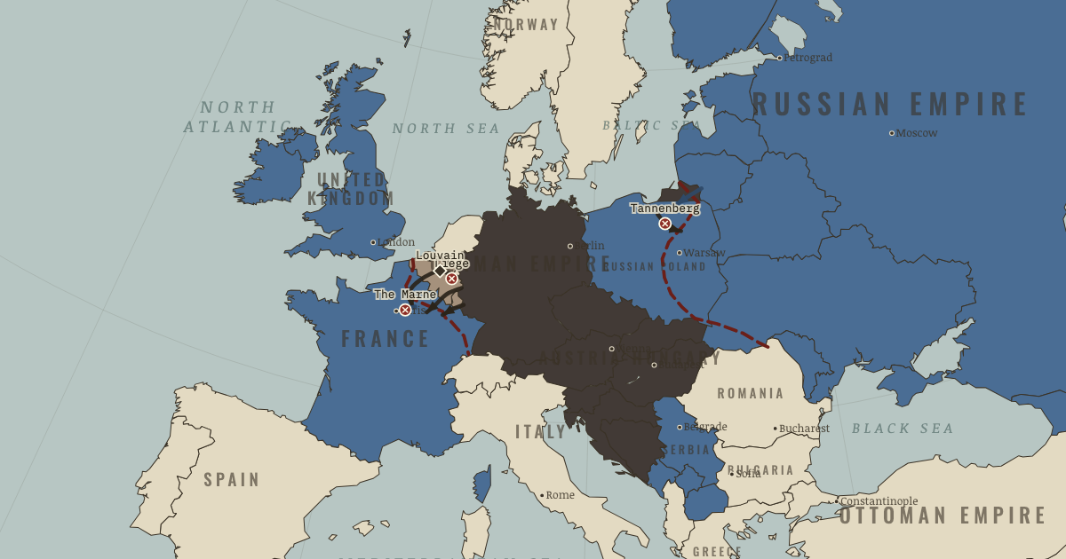 Map of Schlieffen Plan and the Marne (Aug 1914): Liège, Louvain, Tannenberg, The Marne