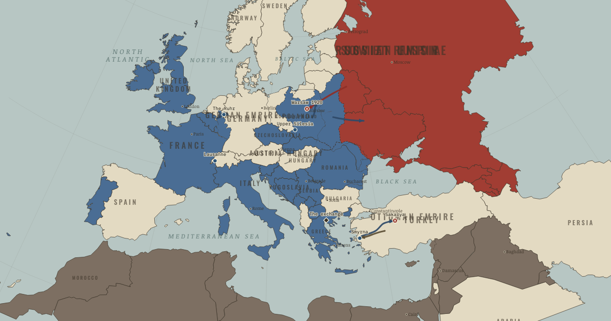 Map of Europe’s new borders after WWI (Jul 1923): The Battle of Warsaw, The Upper Silesia plebiscite, The Sakarya, Smyrna, The population exchange