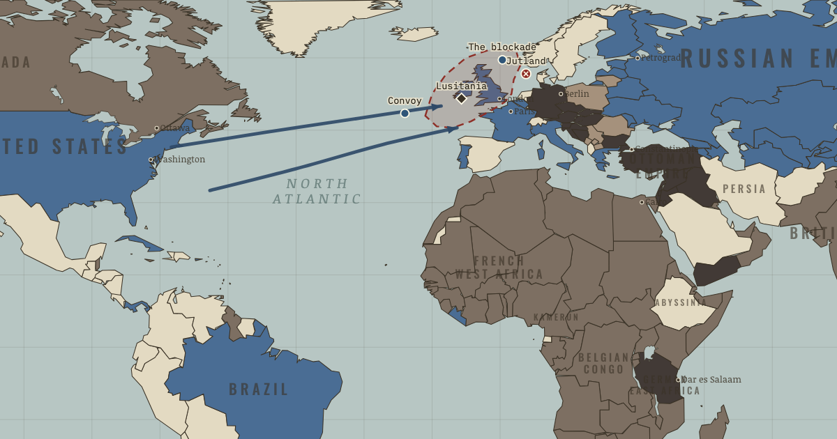 Map of Blockade and U-boat war in WWI (Jan 1917): The Northern Patrol, Jutland, The Lusitania, The convoy system