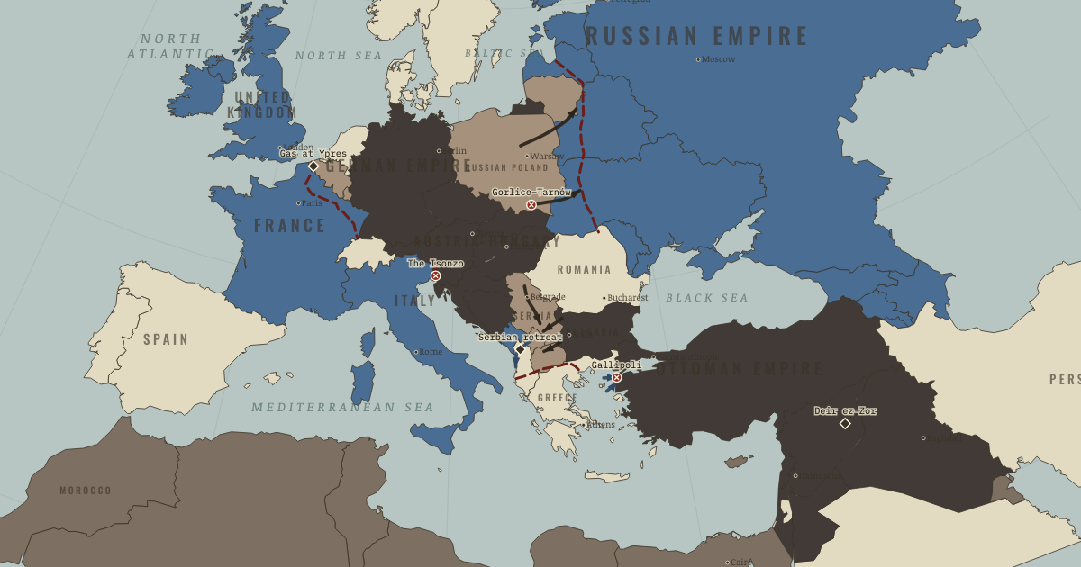 Map of Gallipoli and the widening of WWI (Nov 1915): Gas at Ypres, Gorlice–Tarnów, Gallipoli, The Isonzo, The Serbian retreat