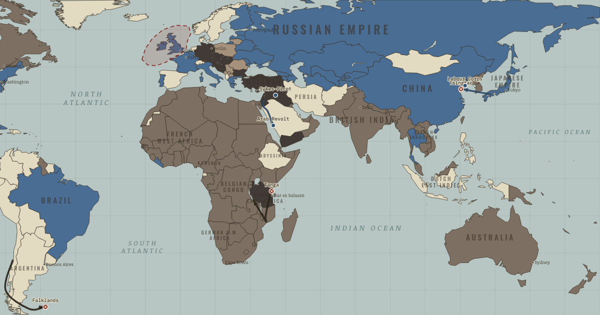 Map of WWI outside Europe (May 1917): Tsingtao, The Falklands, Tanga, The Chinese Labour Corps, The Arab Revolt