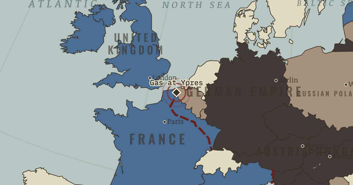Map showing Gas at Ypres — The Great War, 1914–1918