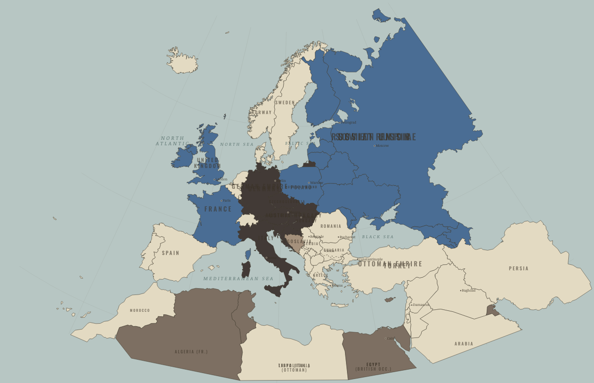 Map of Europe in April 1904 (before WWI): The Entente Cordiale. Colours show The Entente & Allies, Germany and its allies — the Central Powers, Entente-aligned & imperial territories.