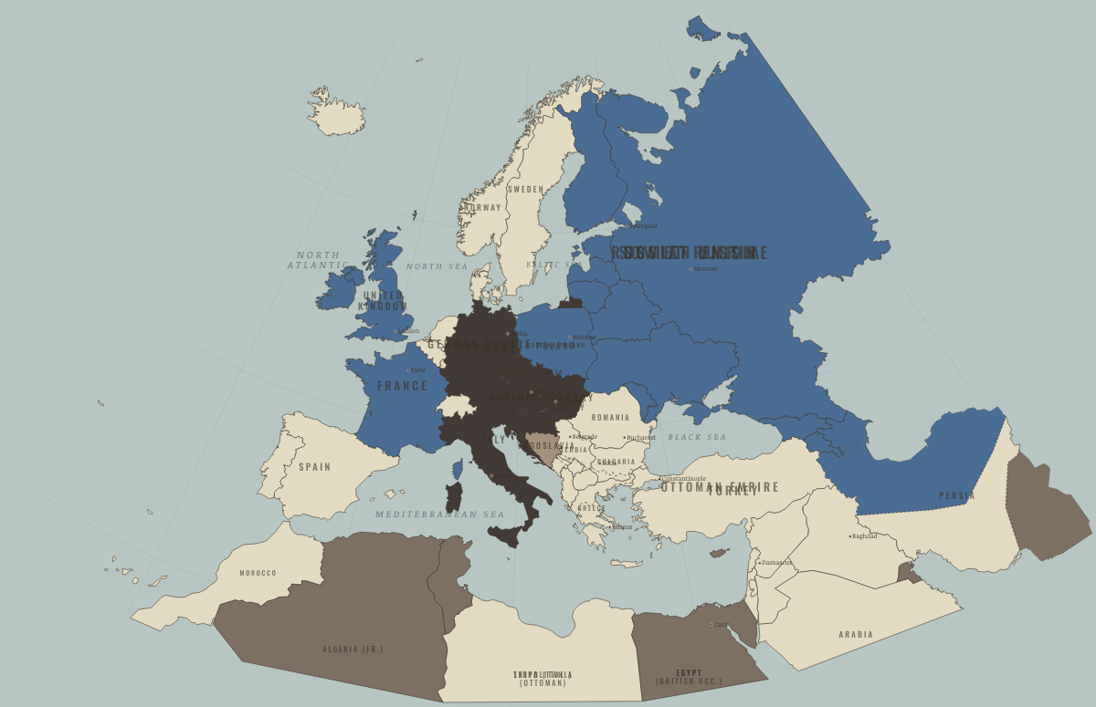 Map of Europe in August 1907 (before WWI): Two blocs. Colours show The Entente & Allies, Germany and its allies — the Central Powers, Entente-aligned & imperial territories.