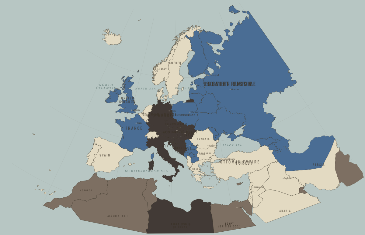 Map of Europe in August 1913 (before WWI): The Treaty of Bucharest. Colours show The Entente & Allies, Germany and its allies — the Central Powers, Entente-aligned & imperial territories.