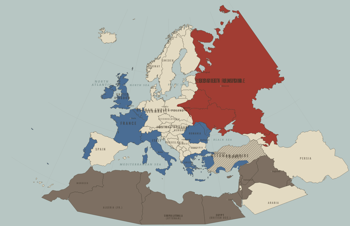 Map of Europe in August 1920 (after WWI): Warsaw and Sèvres. Colours show Entente-aligned & imperial territories, The Entente & Allies, Russia in revolution.