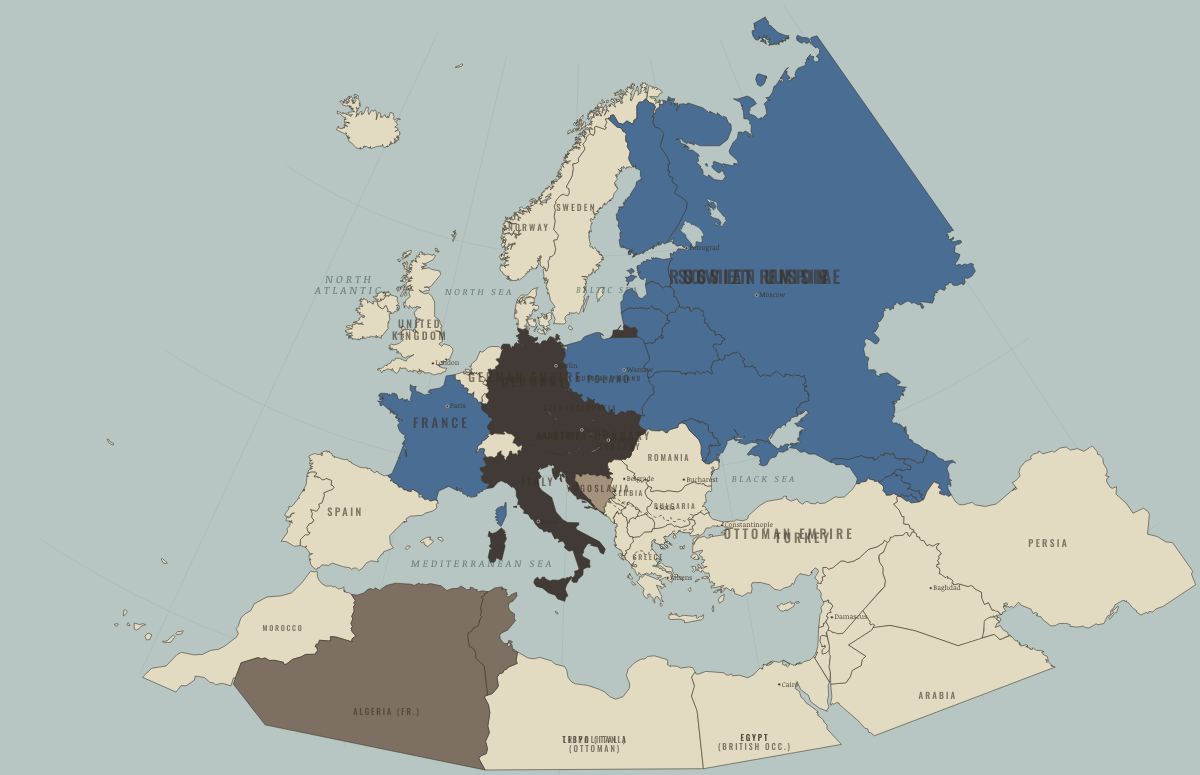 Map of Europe in January 1894 (before WWI): The Franco-Russian alliance. Colours show The Entente & Allies, Germany and its allies — the Central Powers, Entente-aligned & imperial territories.