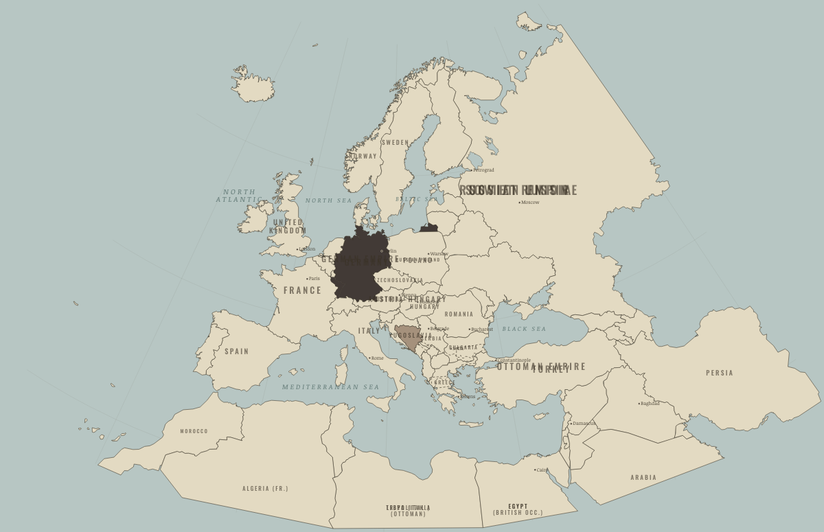 Map of Europe in July 1878 (before WWI): The Congress of Berlin. Colours show Germany and its allies — the Central Powers, Under Central Powers occupation.