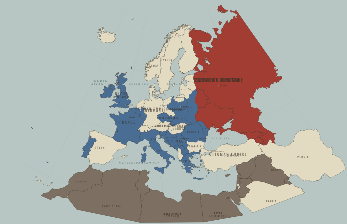Map of Europe in July 1923 (after WWI): The map of 1923. Colours show The Entente & Allies, Entente-aligned & imperial territories, Russia in revolution.