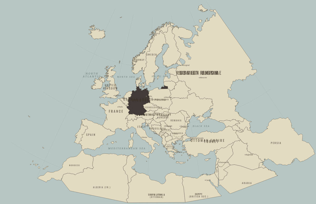 Map of Europe in May 1871 (before WWI): A new empire in the middle. Colours show Germany and its allies — the Central Powers.