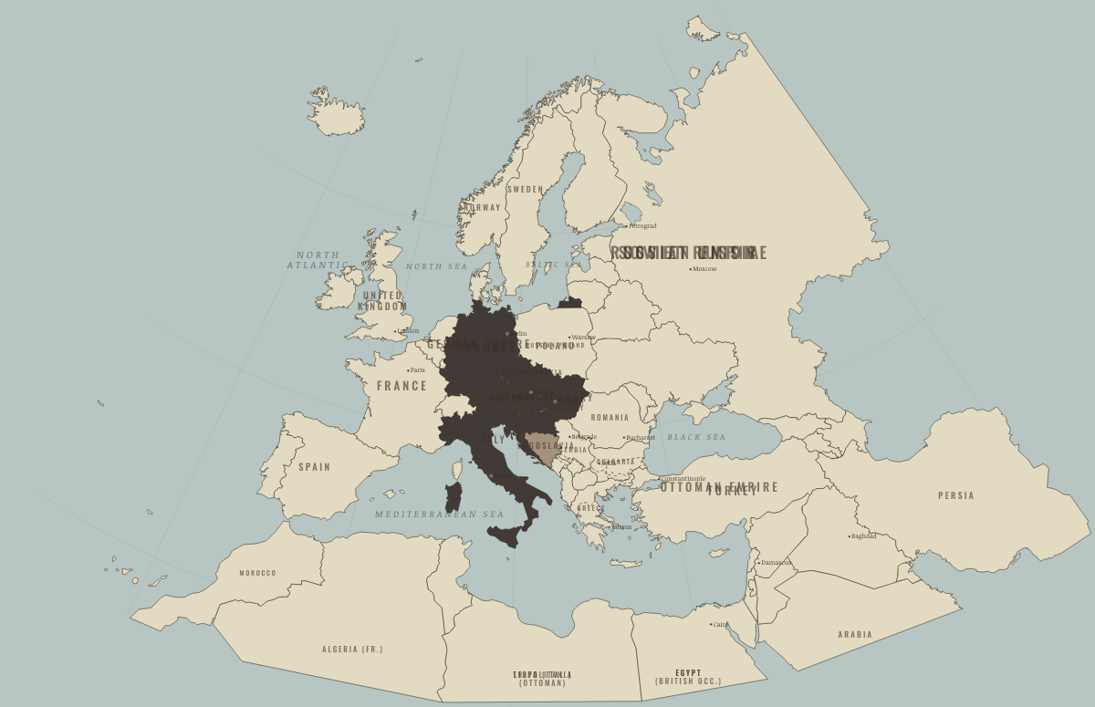 Map of Europe in September 1882 (before WWI): Bismarck’s web. Colours show Germany and its allies — the Central Powers, Under Central Powers occupation.