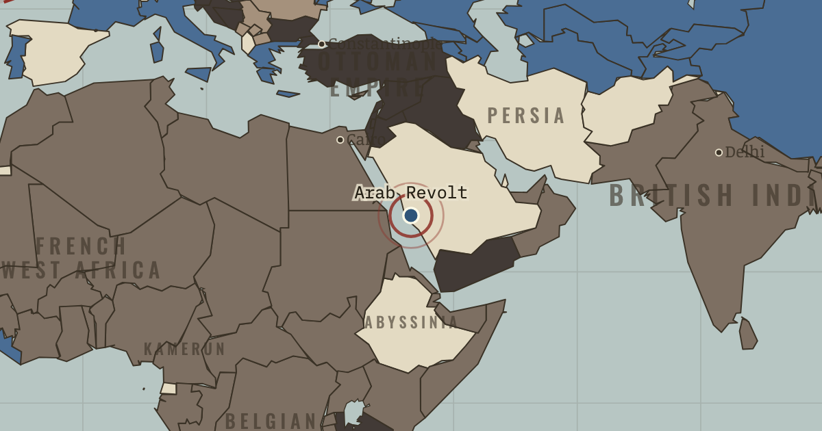 Map showing The Arab Revolt — The Great War, 1914–1918