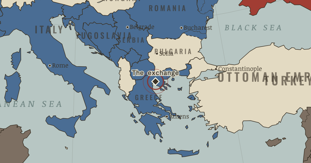 Map showing Greek–Turkish population exchange (1923), site of memory in The Great War, 1871–1923