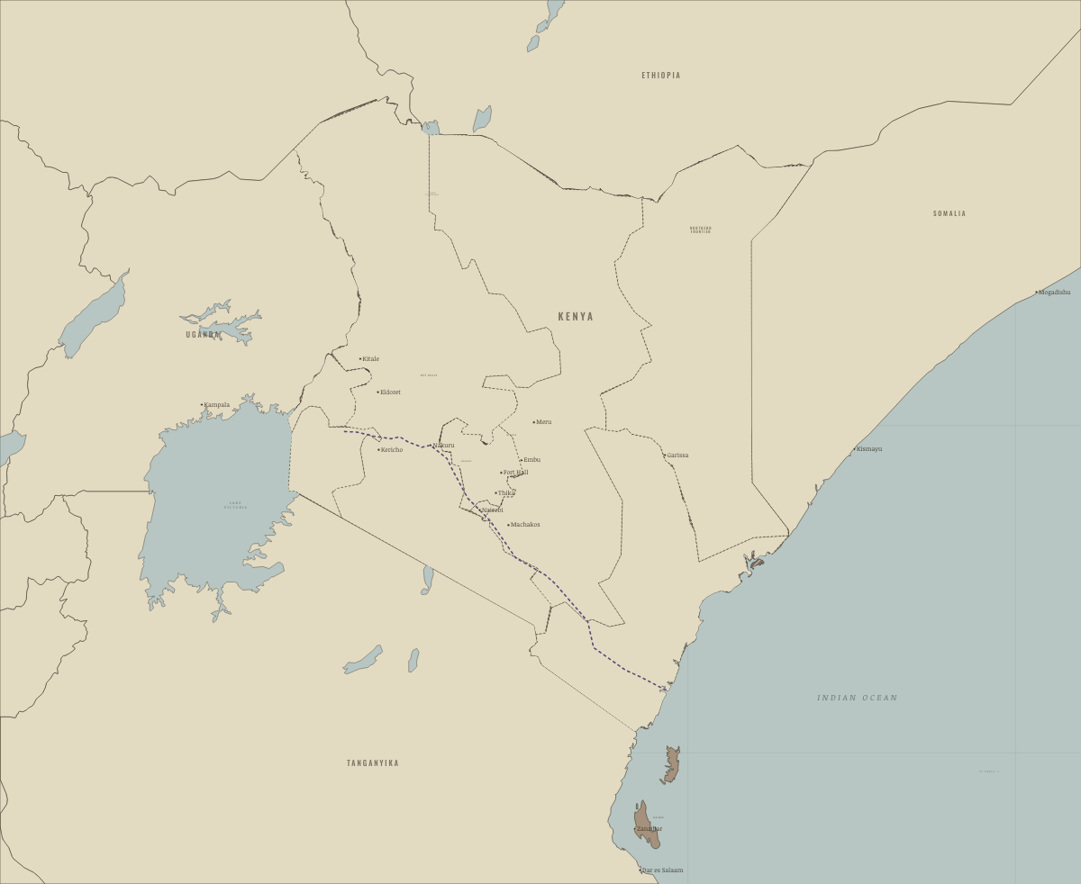 Map of Kenya on 1 June 1963: Self-government (Madaraka). Colours show Self-rule in all but name, Under colonial rule.