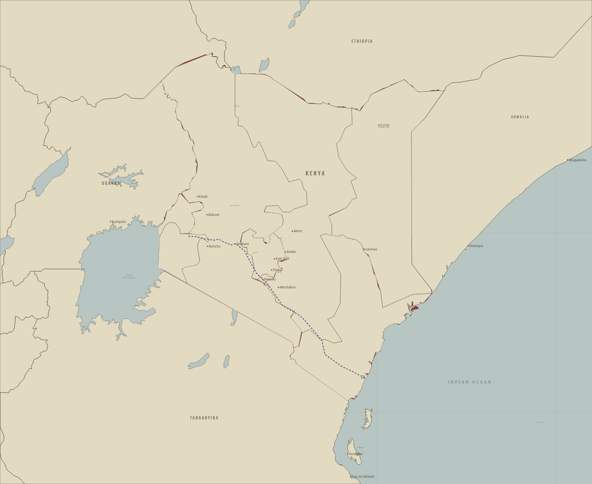 Map of Kenya on 12 December 1963: Uhuru — independence. Colours show Independence won.
