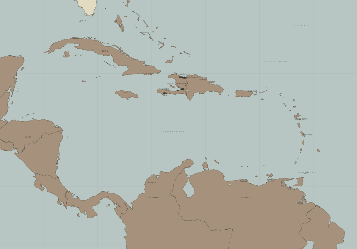 Map of Saint-Domingue in 1789: The richest colony on earth. Colours show Under colonial rule.