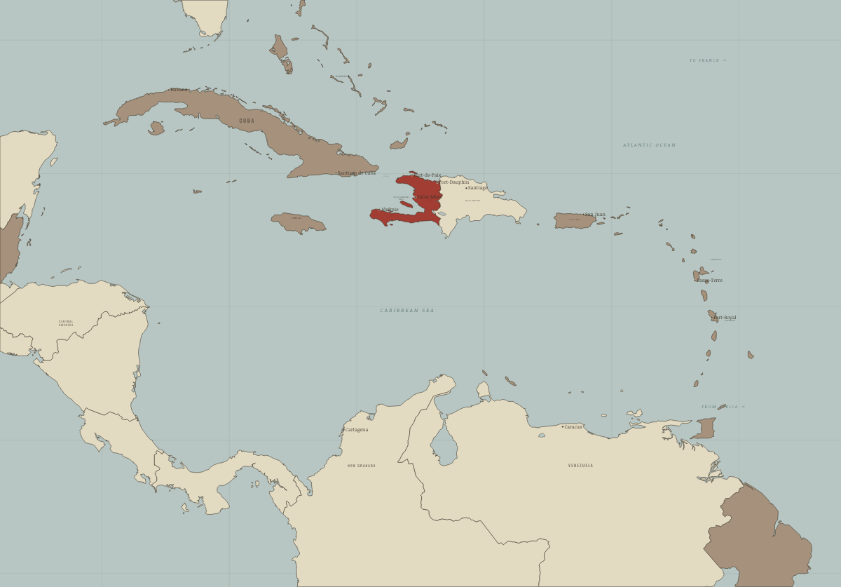 Map of Haiti in 1844: Dominican independence. Colours show Under colonial rule, Independence won.