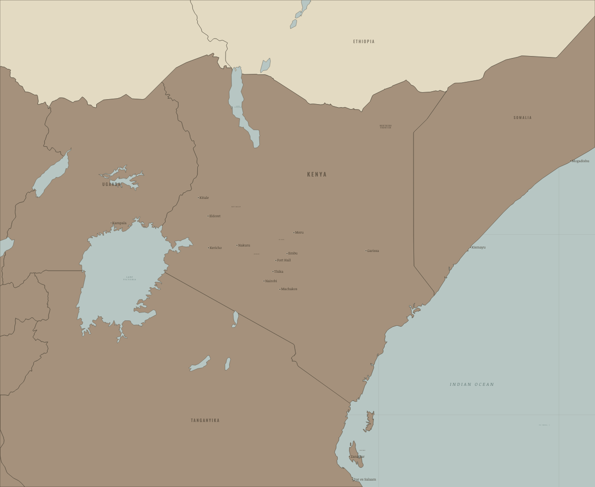 Map of Kenya in 1895: The East Africa Protectorate. Colours show Under colonial rule.