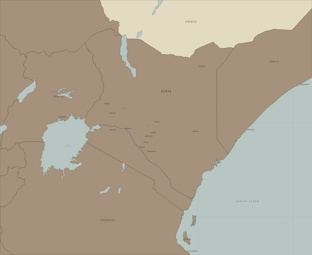Map of Kenya in 1902: The railway reaches the lake. Colours show Under colonial rule.