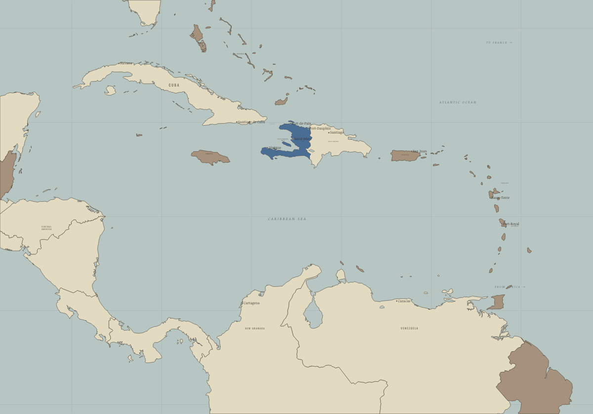 Map of Haiti in 1915–34: The United States occupies Haiti. Colours show Under colonial rule, Independence won.