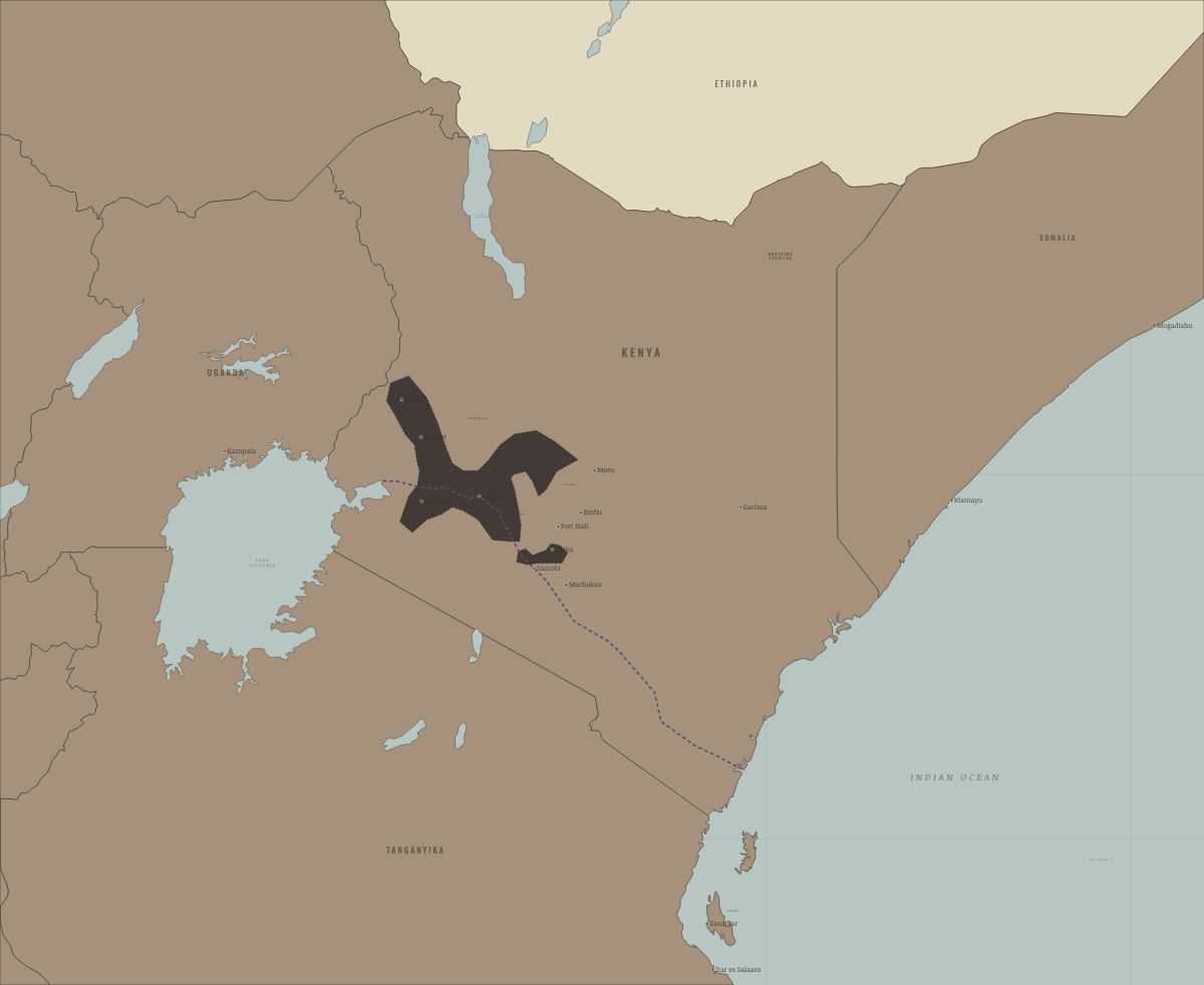 Map of Kenya in 1920: Kenya Colony and the White Highlands. Colours show Under colonial rule.