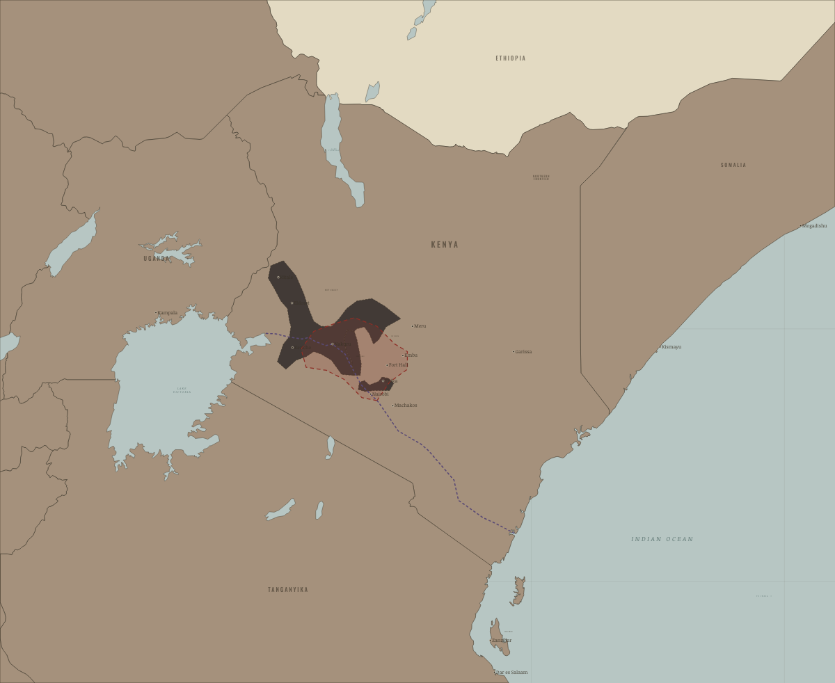 Map of Kenya in 1950–52: The oath spreads. Colours show Under colonial rule.