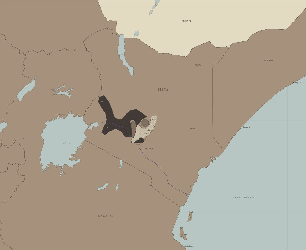 Map of Kenya in 1954: The Emergency at its height. Colours show Under colonial rule.