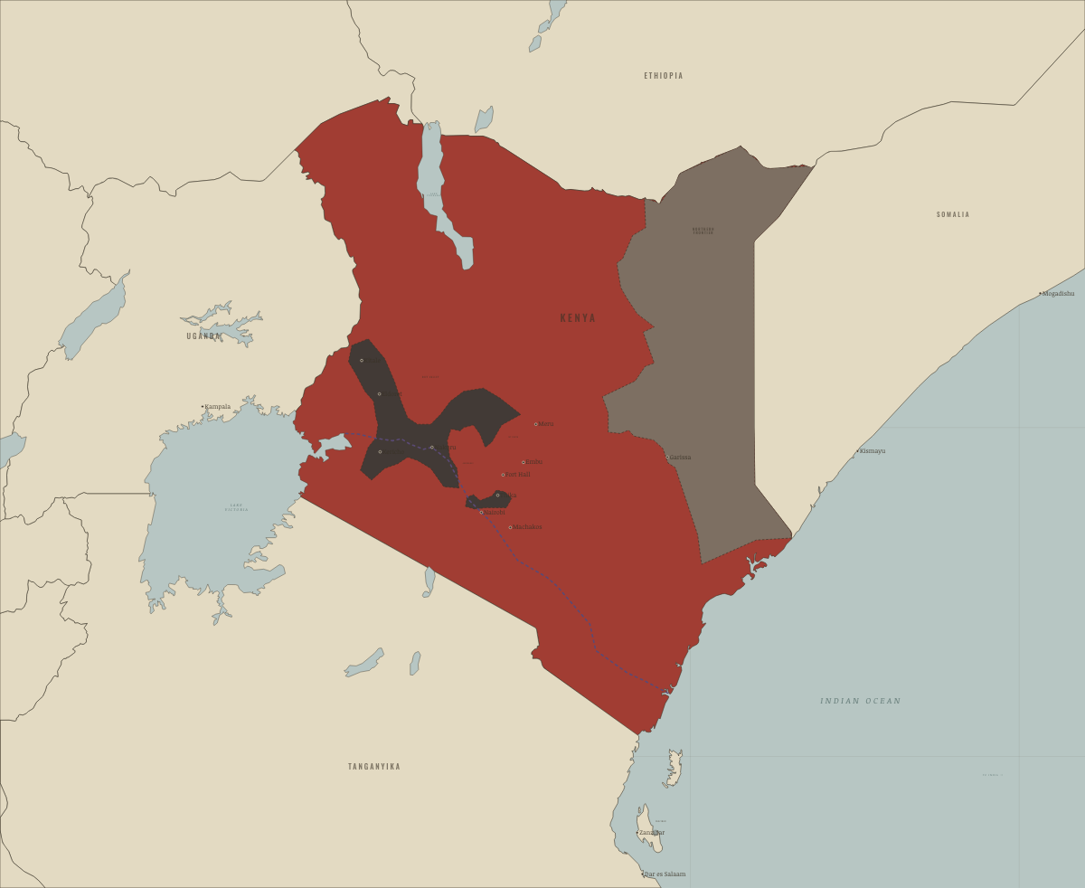 Map of Kenya in 1964–67: The Shifta War; the Kinangop resettled. Colours show Independence won.