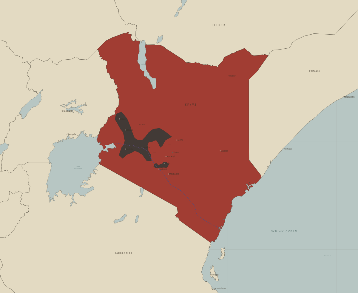 Map of Kenya in 1969: Land bought back; one party rules. Colours show Independence won.