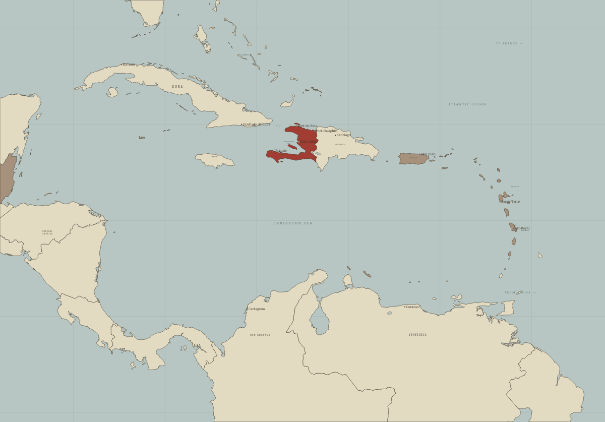 Map of Haiti in 1975: The Caribbean decolonises. Colours show Under colonial rule, Independence won.