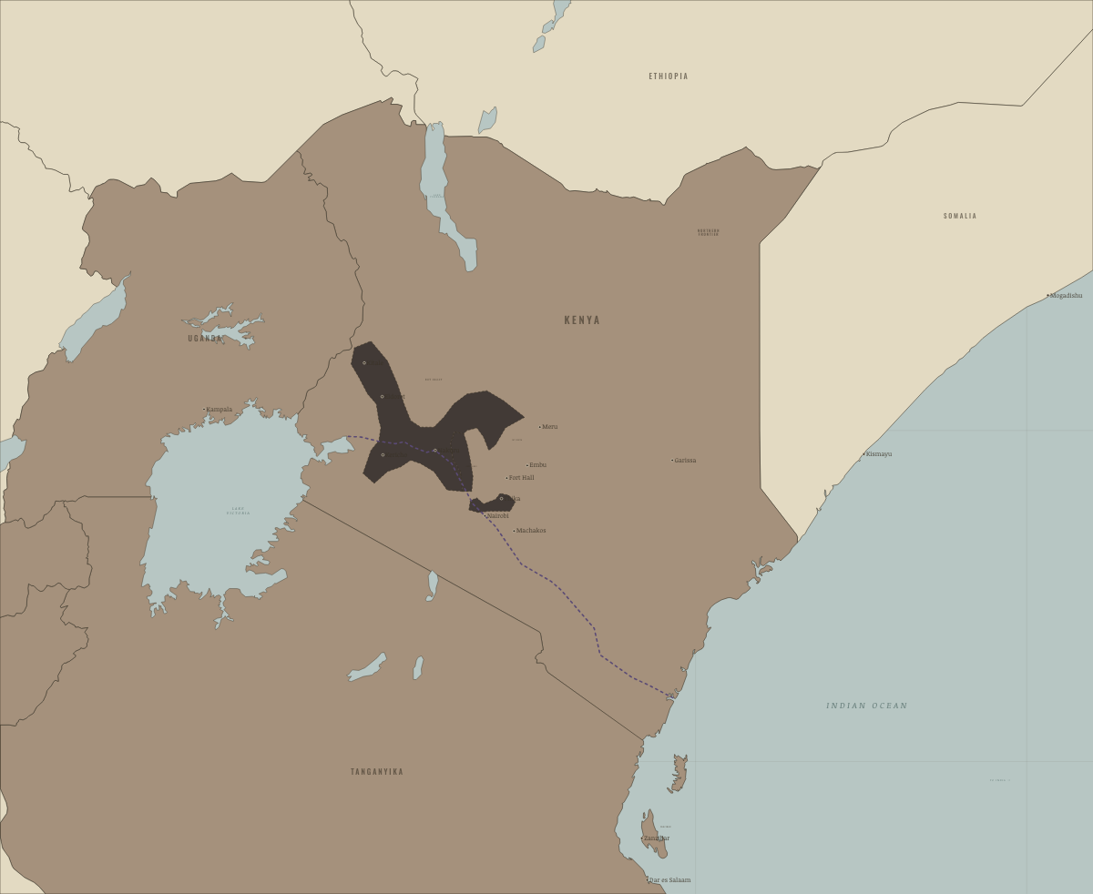 Map of Kenya in January 1960: The Emergency ends; Lancaster House. Colours show Under colonial rule.