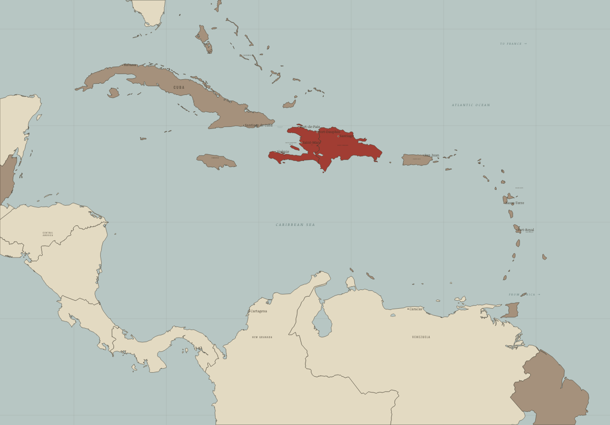 Map of Haiti in July 1825: One island — and the price of recognition. Colours show Under colonial rule, Independence won.