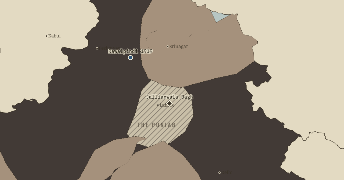 Map of Amritsar massacre (Apr 1919): Jallianwala Bagh, Rawalpindi — Afghanistan goes free