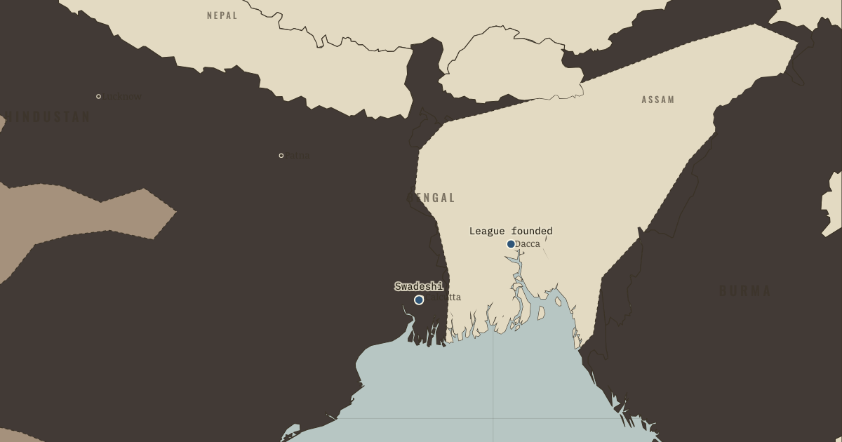 Map of Partition of Bengal and Swadeshi (Oct 1905): Calcutta — Swadeshi, Dacca — the Muslim League is founded, Surat — Congress splits