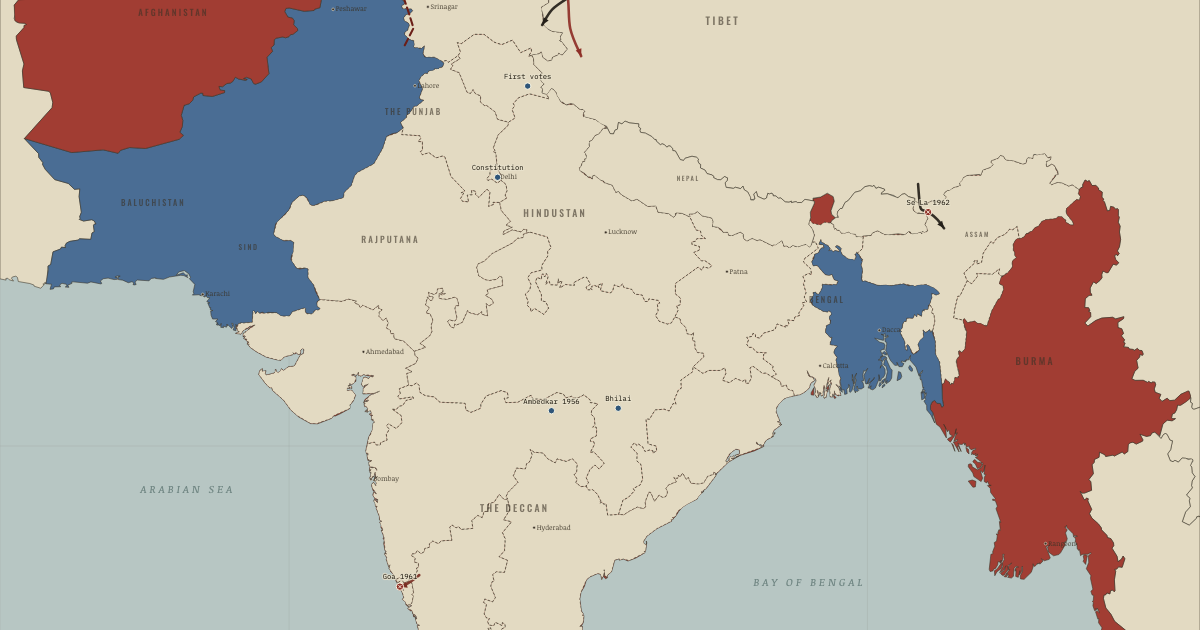 Map of India under Nehru (May 1964): New Delhi — the Constitution, Kalpa — the first votes, Madras — the fast for Andhra, Nagpur — Ambedkar’s conversion, Bhilai — steel for the Plan