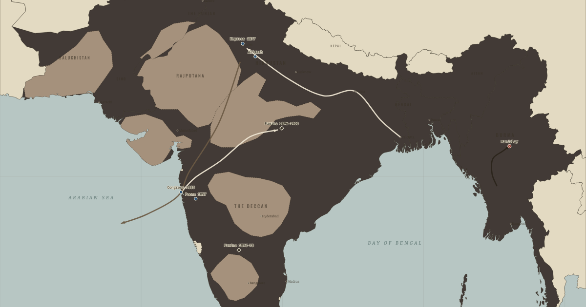 Map of British Raj and the early Congress (Dec 1885): Bombay — Congress is founded, Delhi — Empress of India, The Deccan — the famine of 1876–78, The Central Provinces — the famines of 1896–1900, Aligarh — Sayyid Ahmad Khan’s college