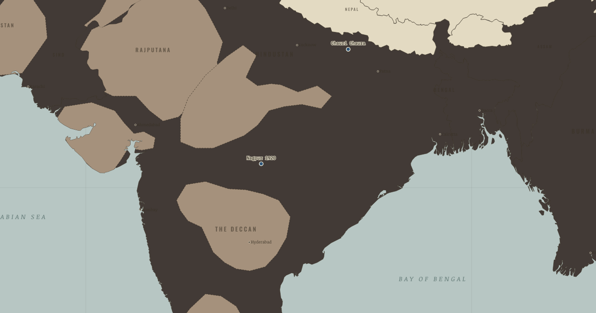 Map of Non-cooperation movement (Dec 1920): Nagpur — Congress adopts Non-Cooperation, Chauri Chaura, Malabar, 1921