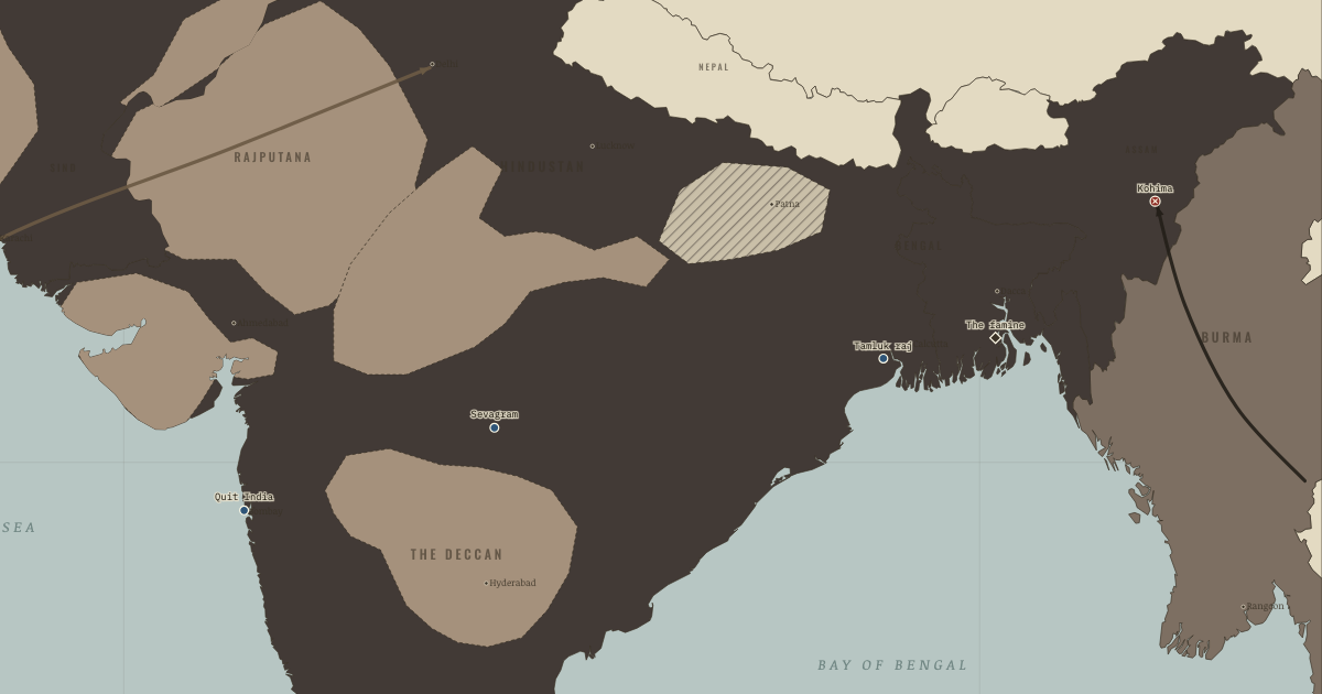 Map of Quit India and the Bengal famine (Aug 1942): Gowalia Tank — “Quit India”, Sevagram — Gandhi’s village, Tamluk — a parallel government, Kohima — the war at India’s door, The Bengal famine