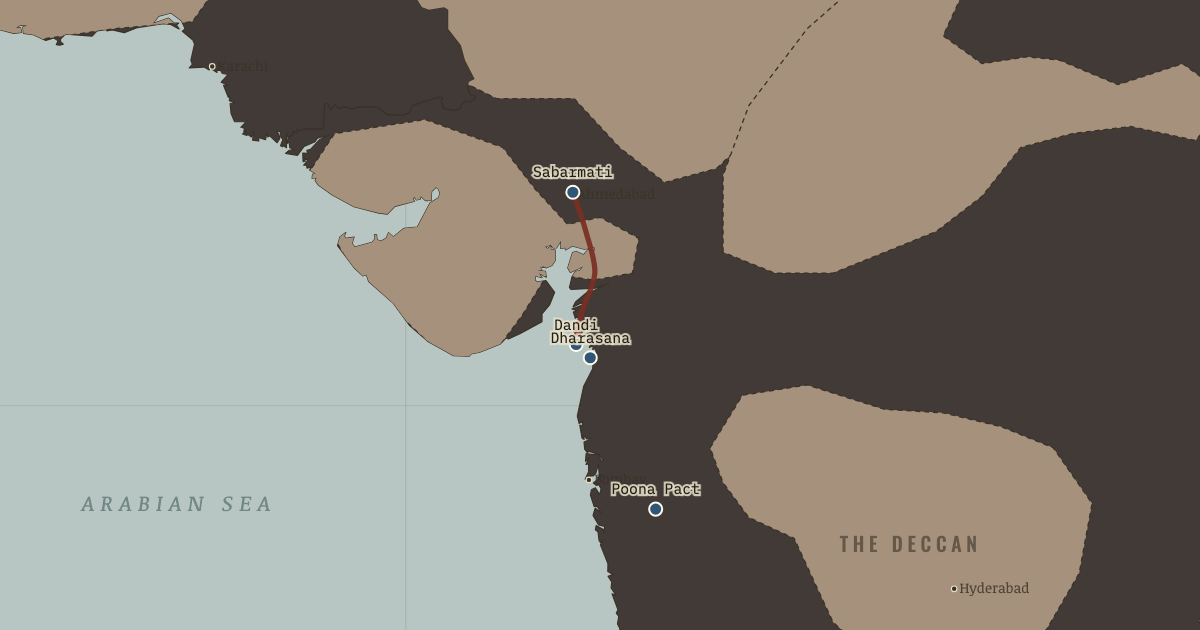 Map of Salt March and civil disobedience (Apr 1930): Sabarmati ashram, Dandi — the salt is lifted, Dharasana salt works, Poona — the pact with Ambedkar