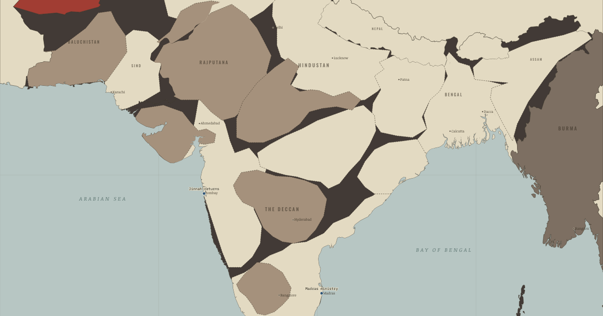 Map of 1937 Indian provincial elections (Jul 1937): Madras — Congress takes office, Bombay — Jinnah rebuilds the League