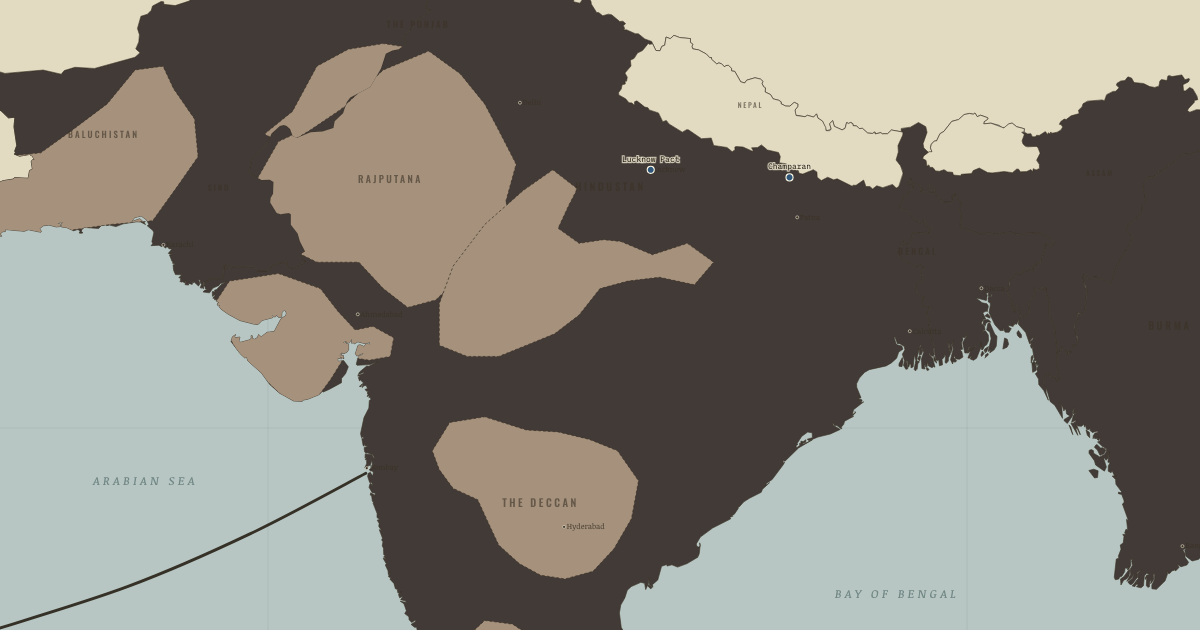 Map of India in World War I (Nov 1916): Lucknow — the pact, Champaran — Gandhi’s first satyagraha
