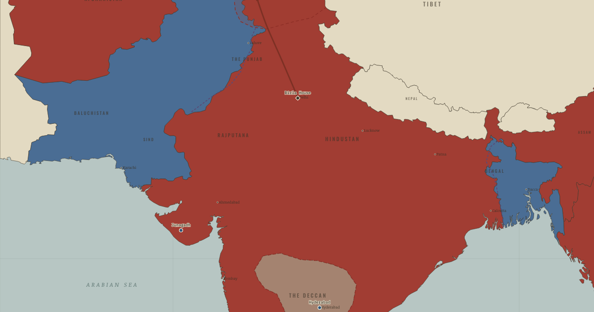 Map of Aftermath of Partition (Feb 1948): Birla House — Gandhi is killed, Srinagar — the accession, Baramulla, Junagadh, Hyderabad stands apart