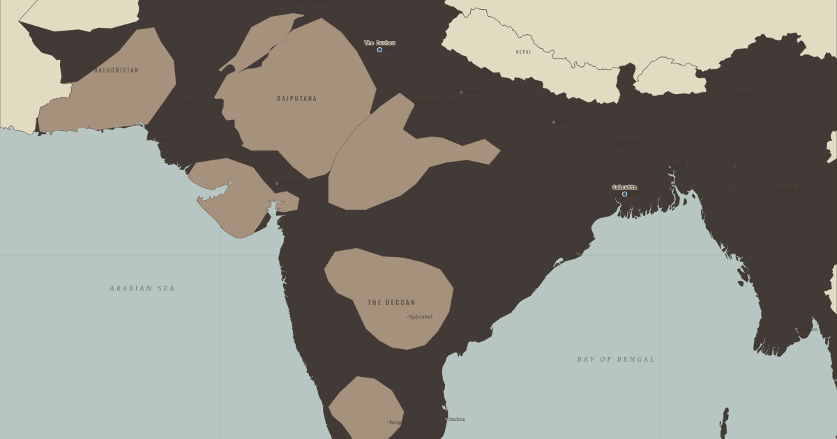 Map of British Raj at its height (Jan 1905): Delhi — the durbar ground, Calcutta — the capital, Simla — the summer capital