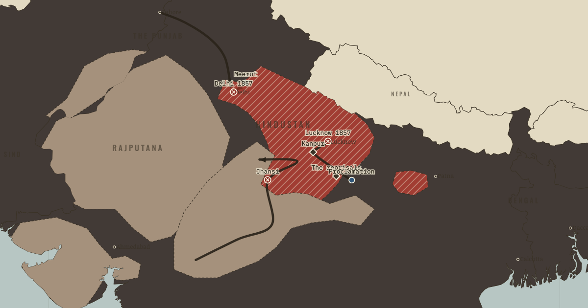 Map of Indian Rebellion of 1857 (Jul 1857)