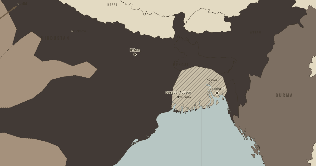Map of Cabinet Mission and Direct Action Day (Aug 1946): Bombay — the naval mutiny, Calcutta — the Great Killing, Noakhali, Bihar