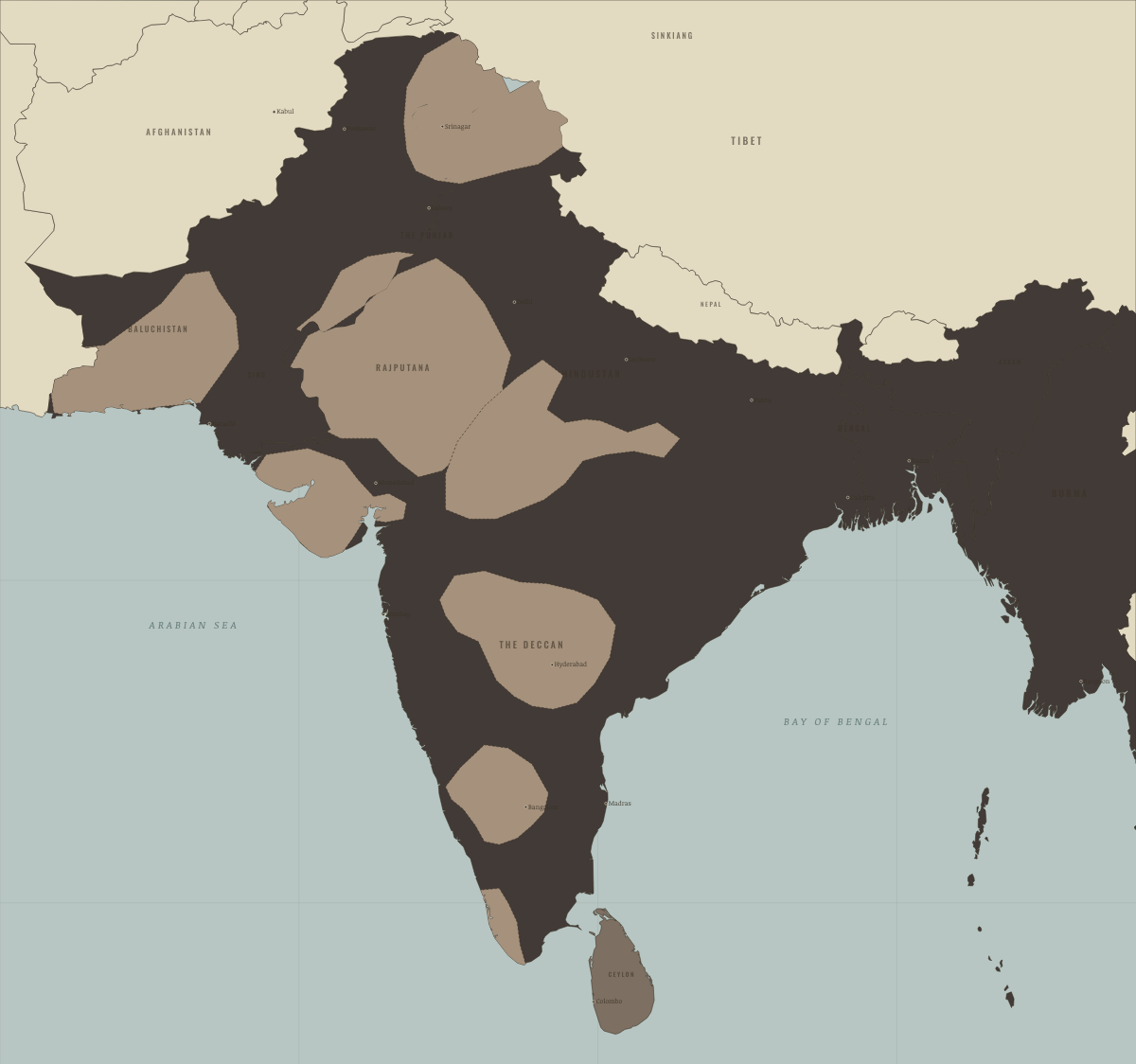 Map of the Indian subcontinent in 1905: The Raj at high noon