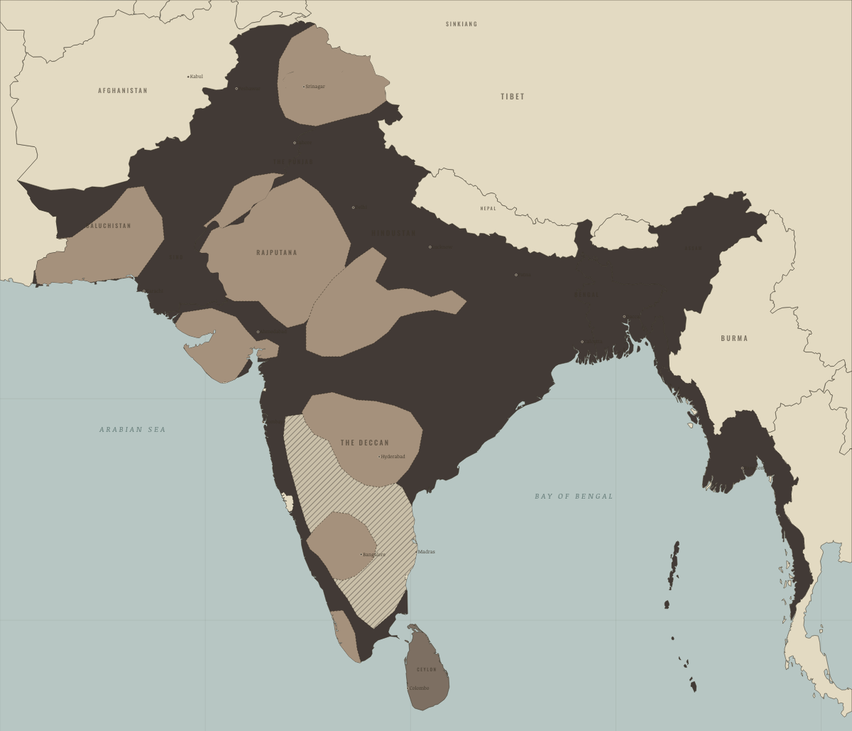 Map of India in April 1877: The great famine. Colours show British India — direct rule, Crown colonies · Burma after 1937.