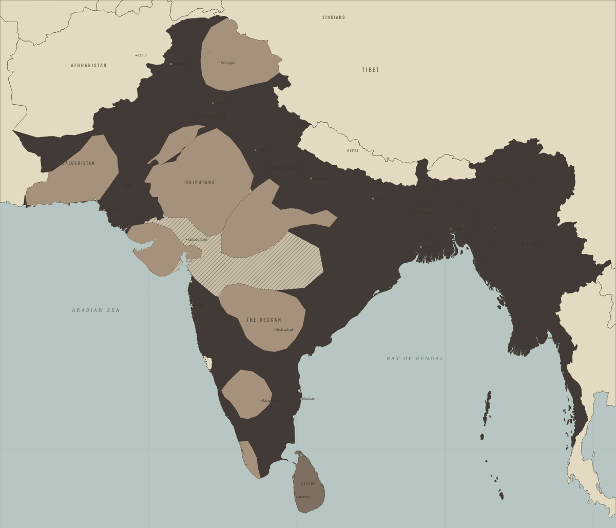 Map of India in April 1900: The famine of 1899–1900. Colours show British India — direct rule, Crown colonies · Burma after 1937.