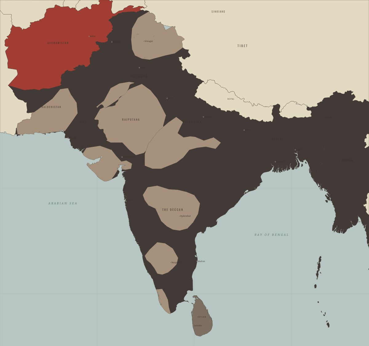 Map of the Indian subcontinent in AUG 1919: Afghanistan breaks free
